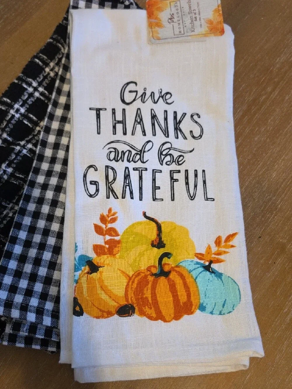 Give Thanks Fall Kitchen Towel Set - White & Black Plaid